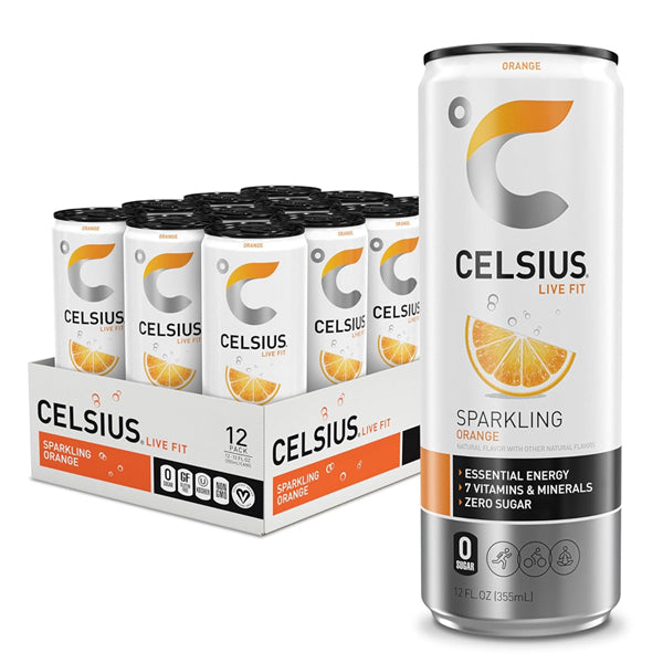 A 12-pack of Celsius Sparkling Orange Essential Energy Drink (12oz cans) is shown with one can in front. The label highlights zero sugar, essential vitamins, and energy benefits, making it a great pre-workout option.